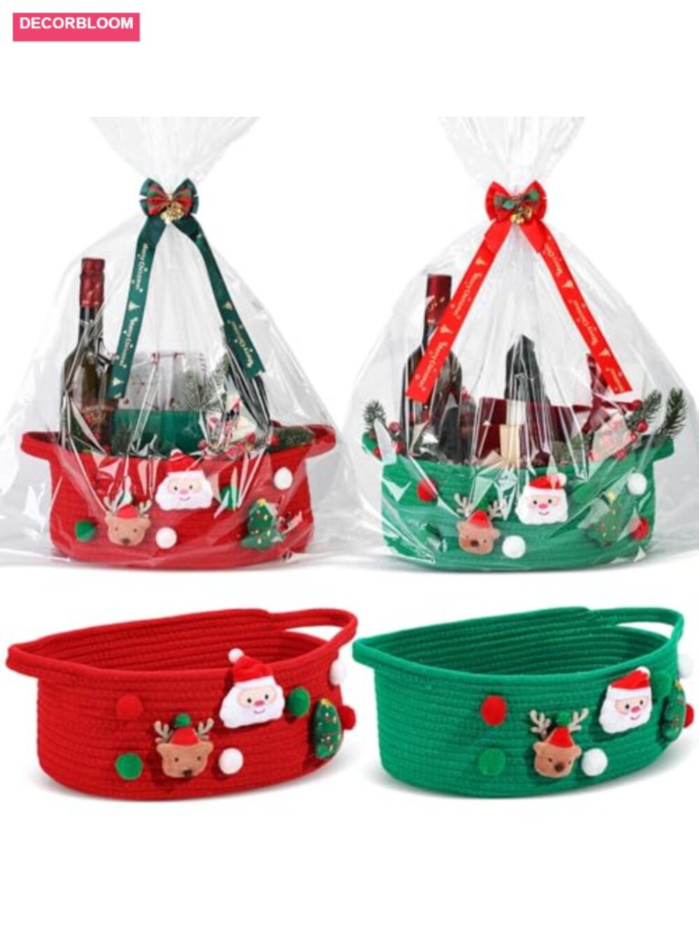 4 Set Woven Christmas Gift Baskets Empty with Handles Cotton Rope Storage